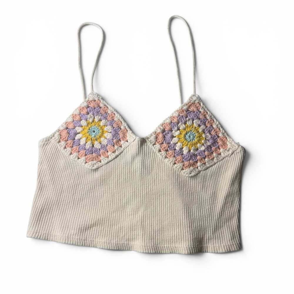 Boho Festival Zara Crochet Granny Square Cami Top Cream Womens Medium Ribbed‎